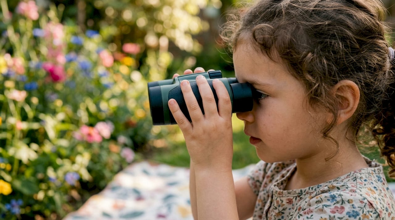 Un enfant tient des jumelles dans le jardin