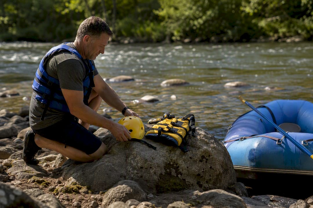 Raft safety gear by gentle river rapid