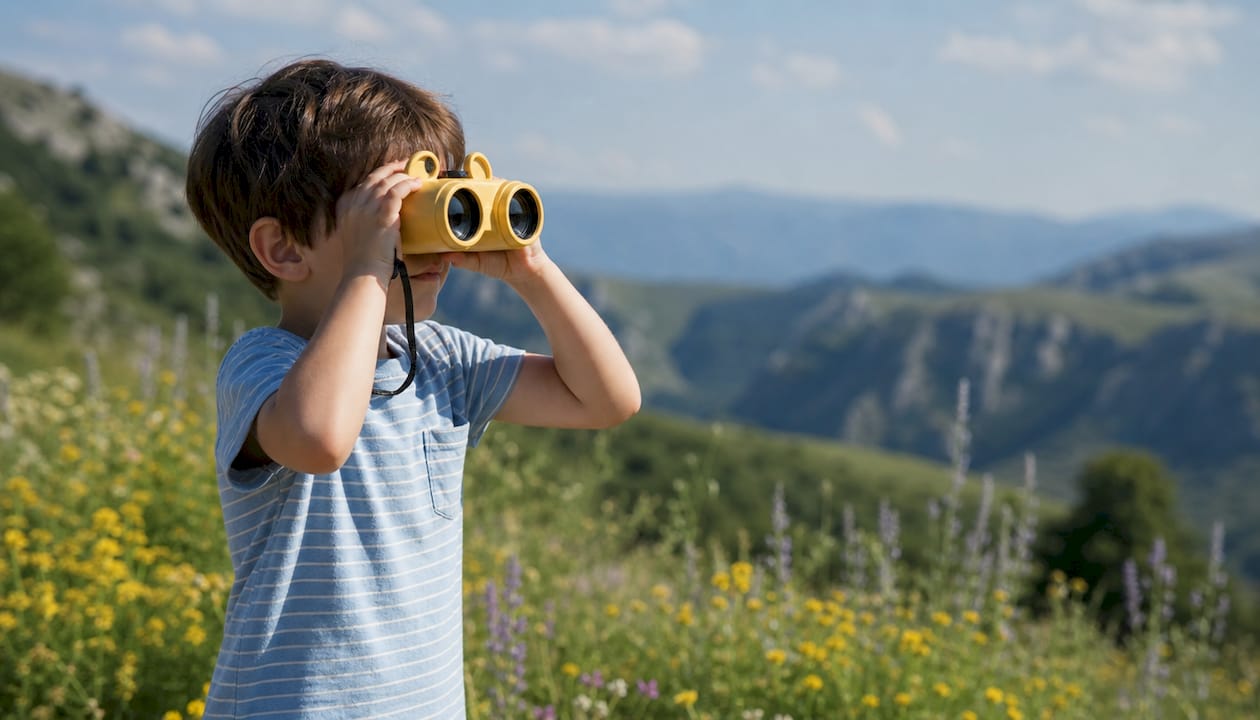 Child using animal-themed binoculars on riverbank