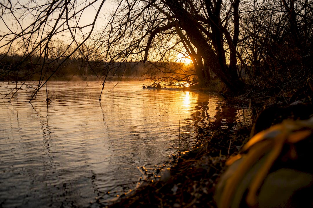 Calm riverside with reflections in morning