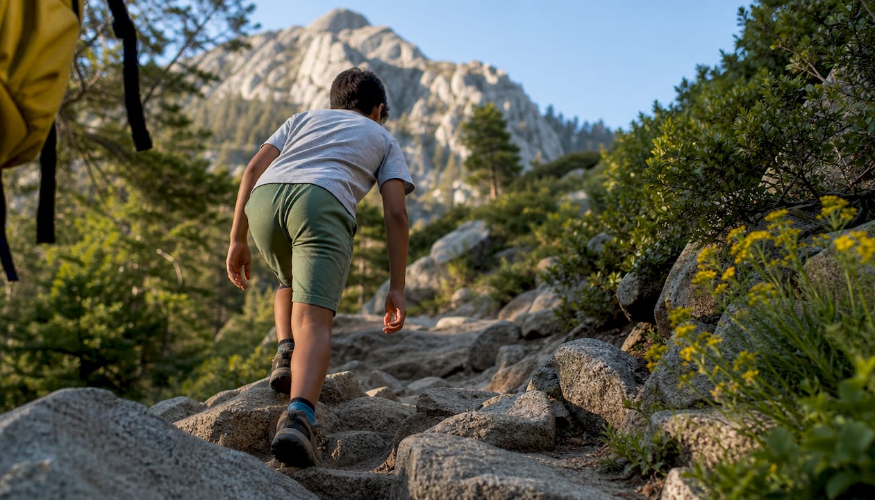 Child hiking on mountain trail