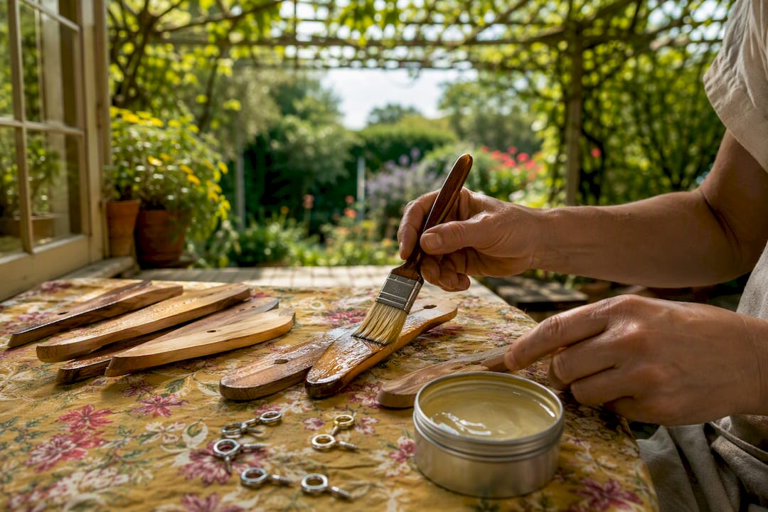 Hand applying outdoor sealant to wind chime wood