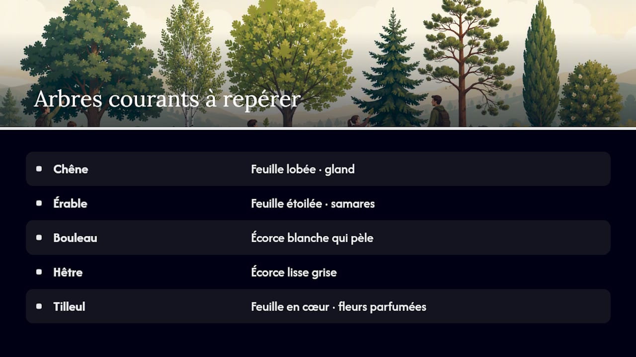 Schéma emblématique de cinq arbres français courants avec leurs caractéristiques