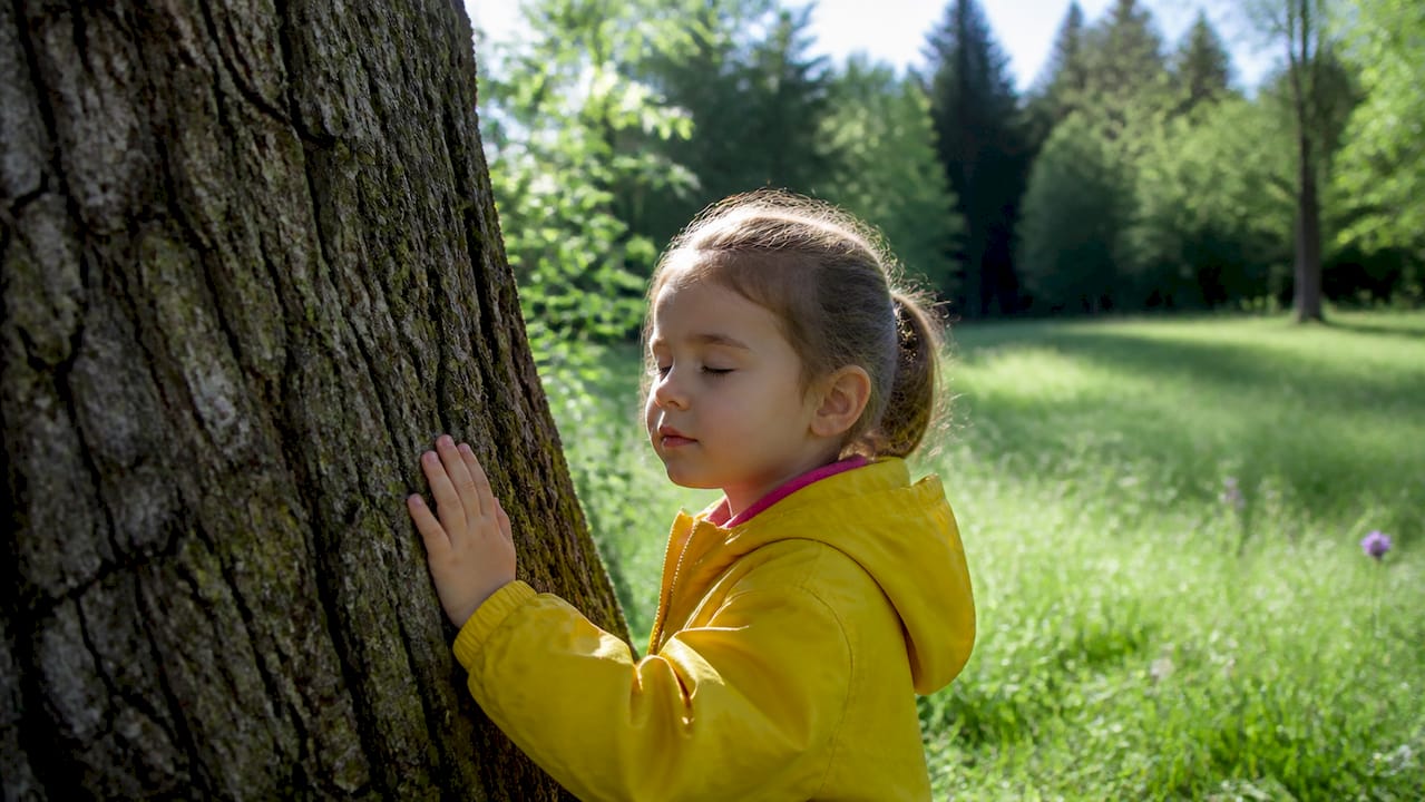 Enfant touchant l'écorce d'un arbre les yeux fermés
