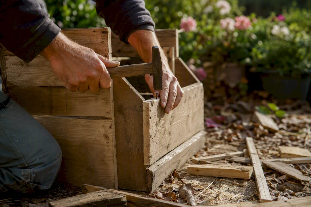 Mains assemblant un abri en caisse en bois