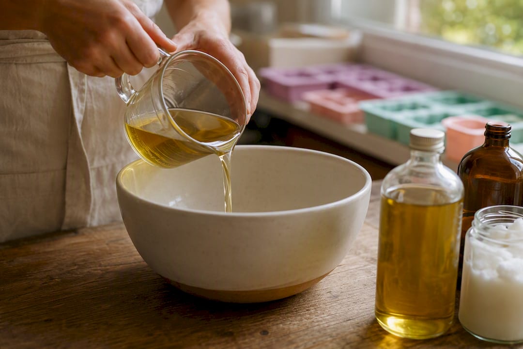 Des mains mesurant les huiles pour un savon à froid