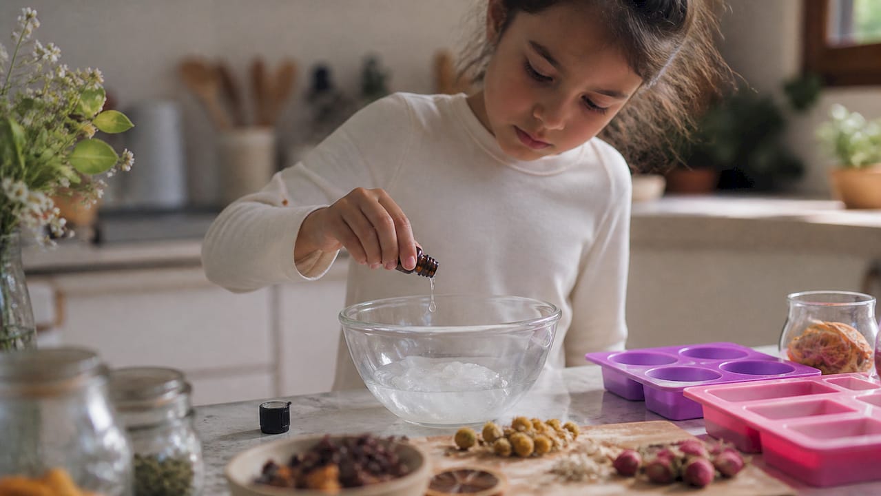 Des mains d'enfants mélangeant les ingrédients d'un savon naturel