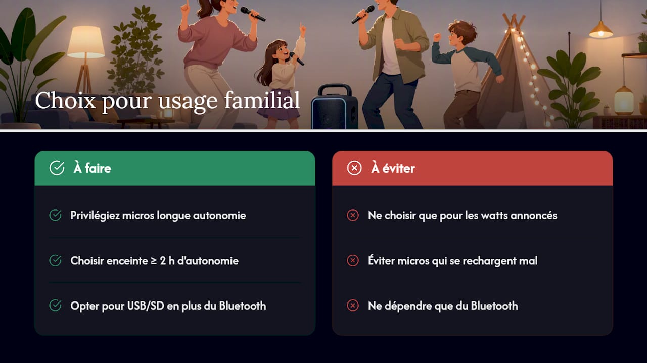 Schéma comparant la puissance, l'autonomie et la connectivité des enceintes karaoké