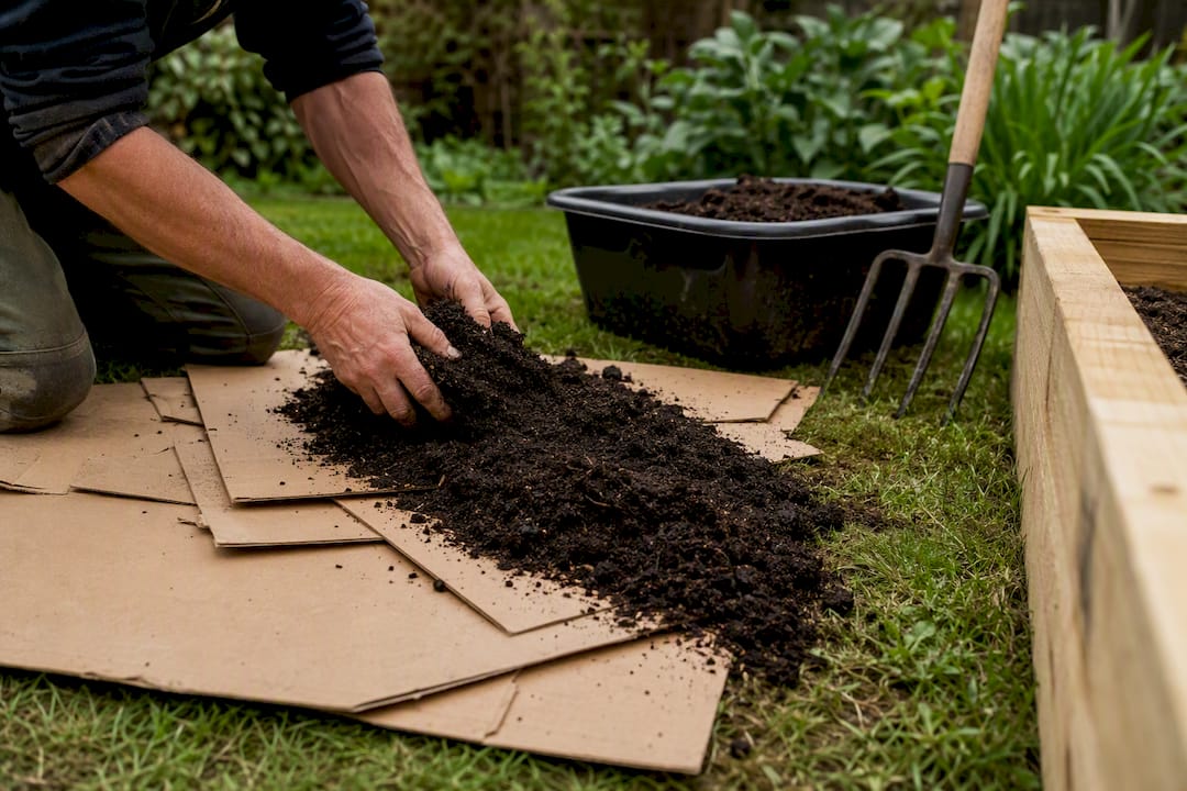 Cardboard and compost layered over lawn