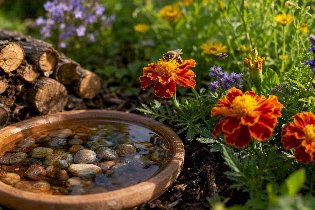 Bee visiting flowers beside water dish