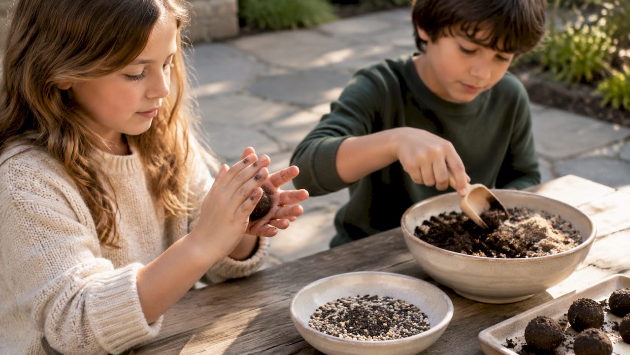 Children rolling damp wildflower seed bombs