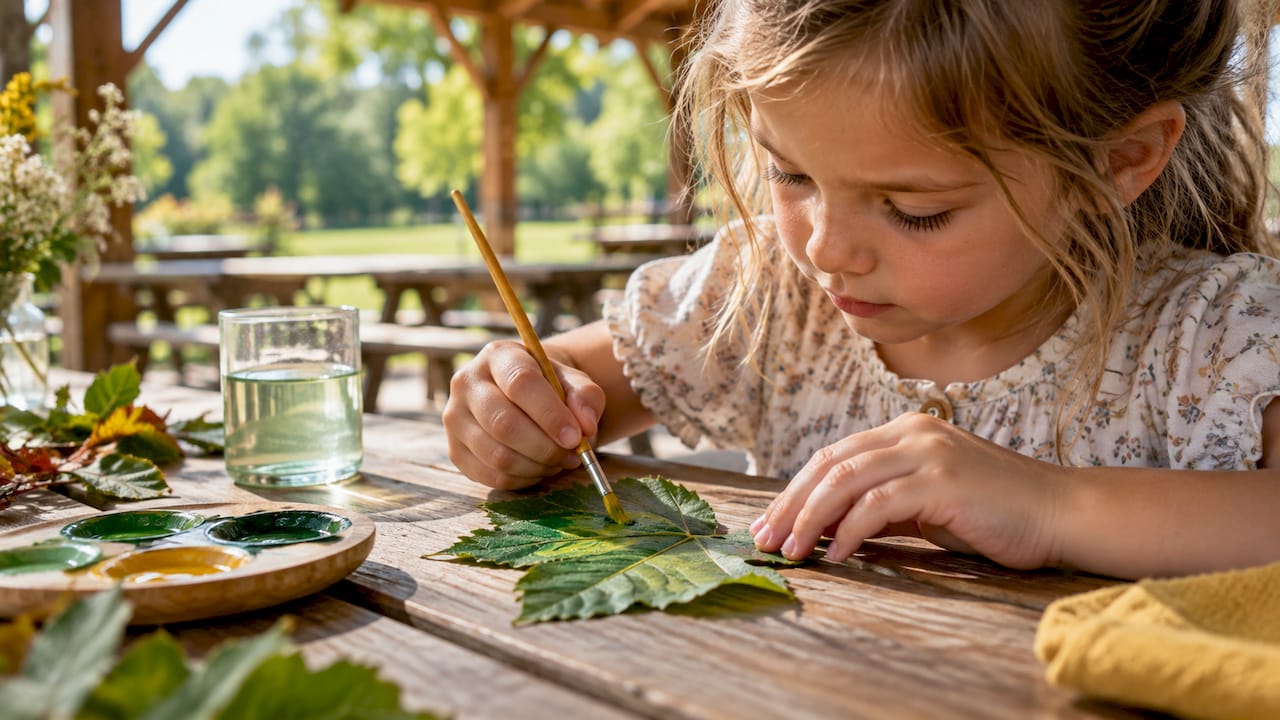 Child painting a leaf outdoors