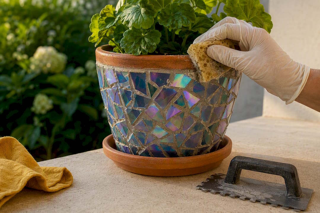 Mosaic plant pot decorated with CD shards