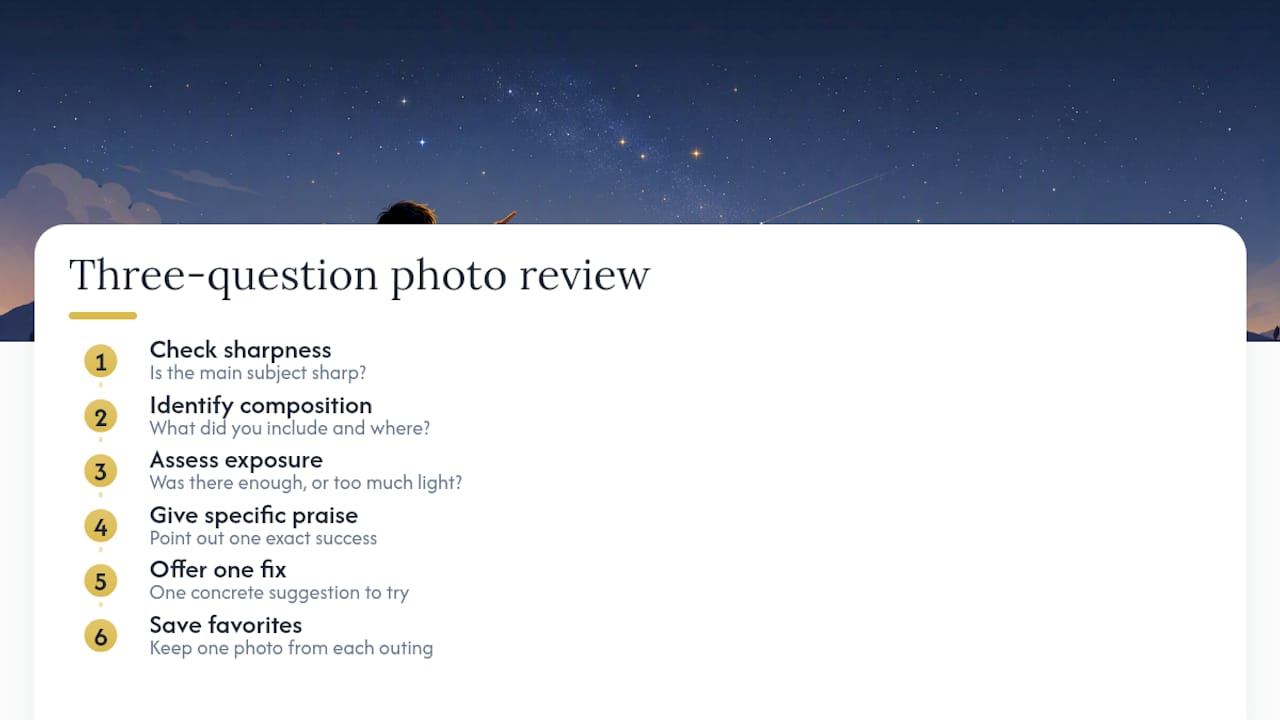 How should kids review their own night photos? — overview diagram