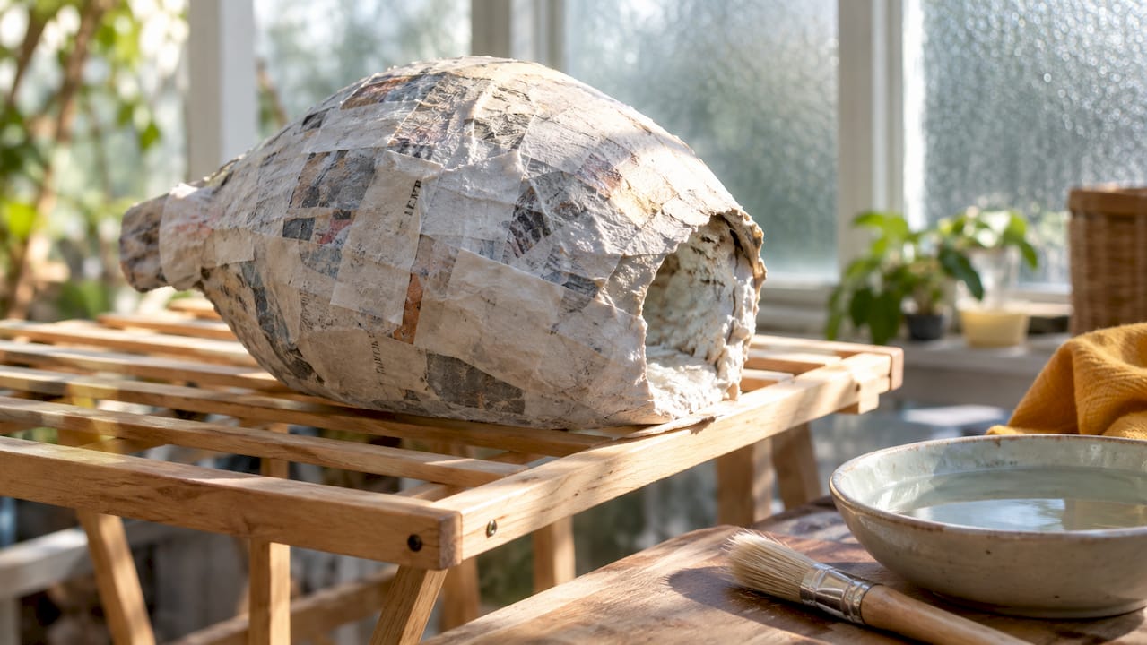 Papier mache form drying on rack