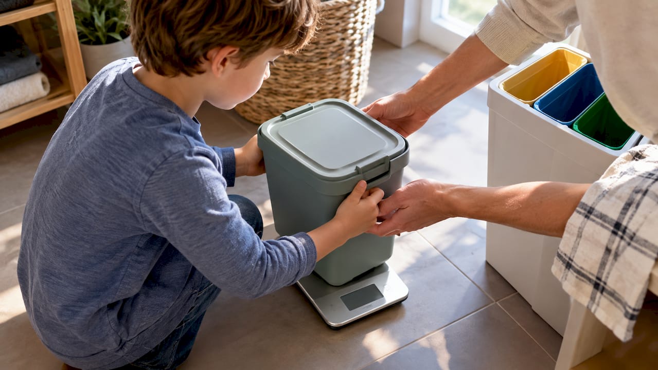 Enfant portant une poubelle de déchets ménagers