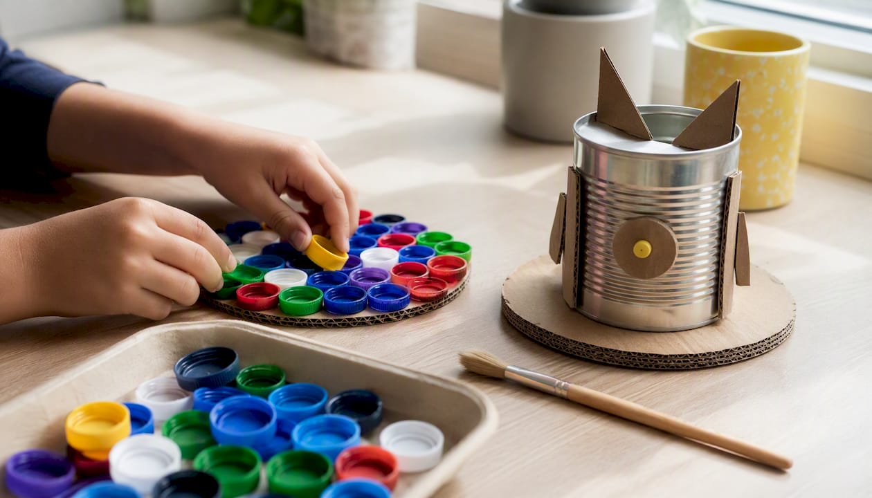 Child testing a bottle-cap mosaic base