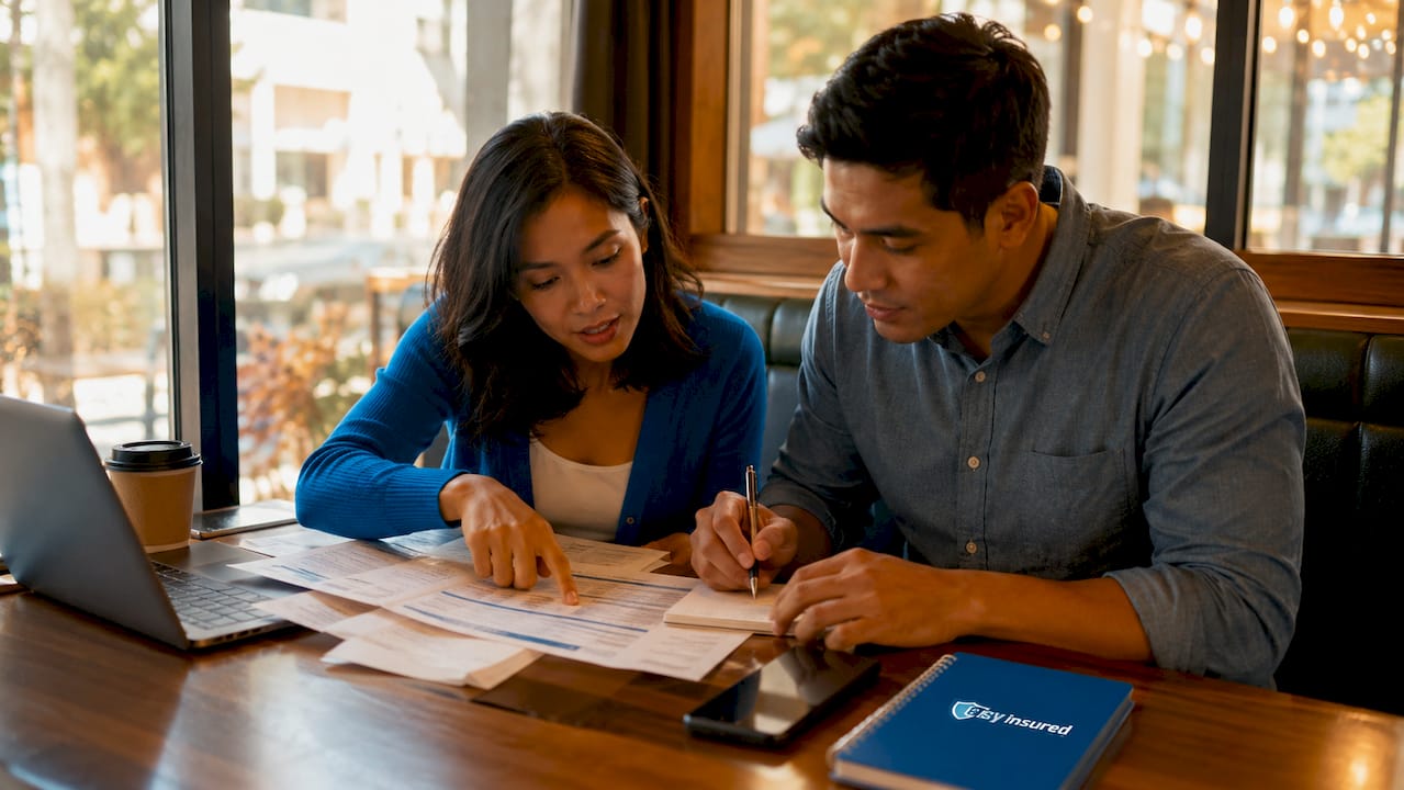 Couple calculating whole life insurance premiums