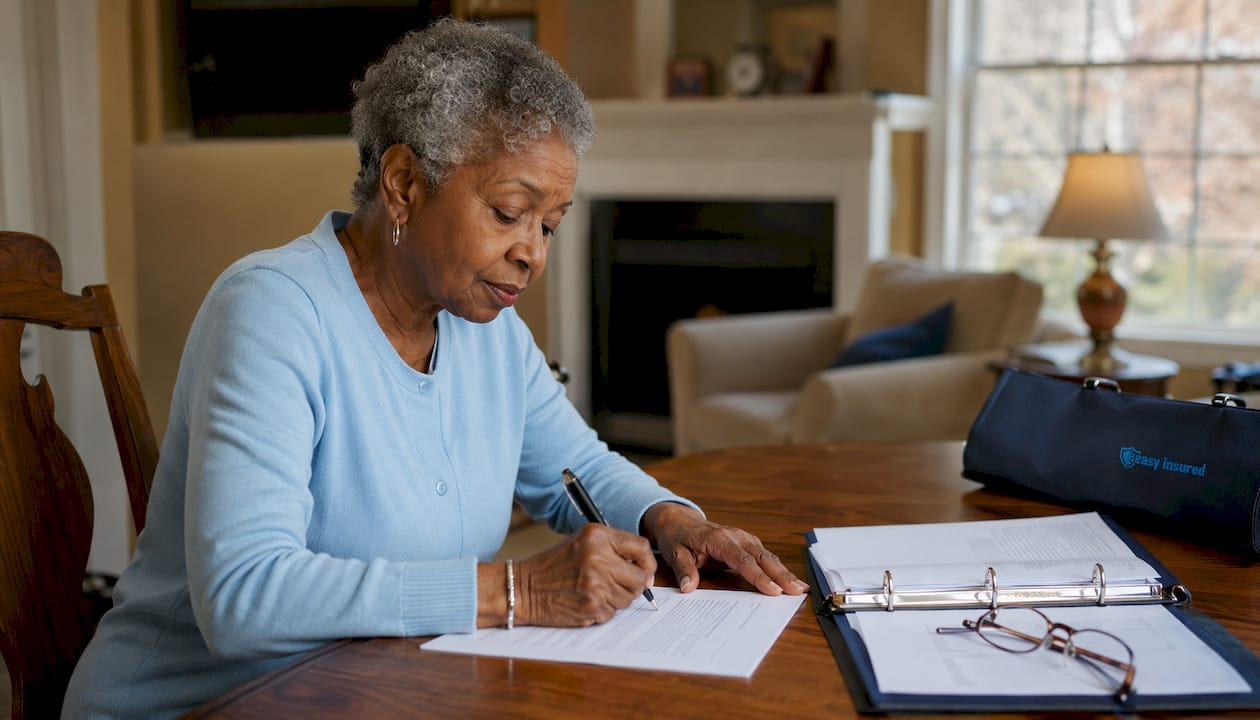 Senior signing living trust documents at home desk