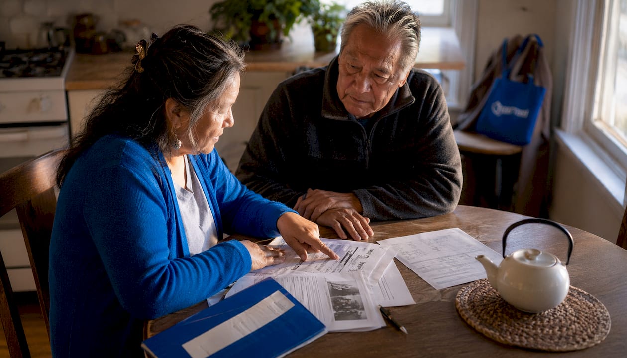Couple reviewing joint ownership paperwork at home