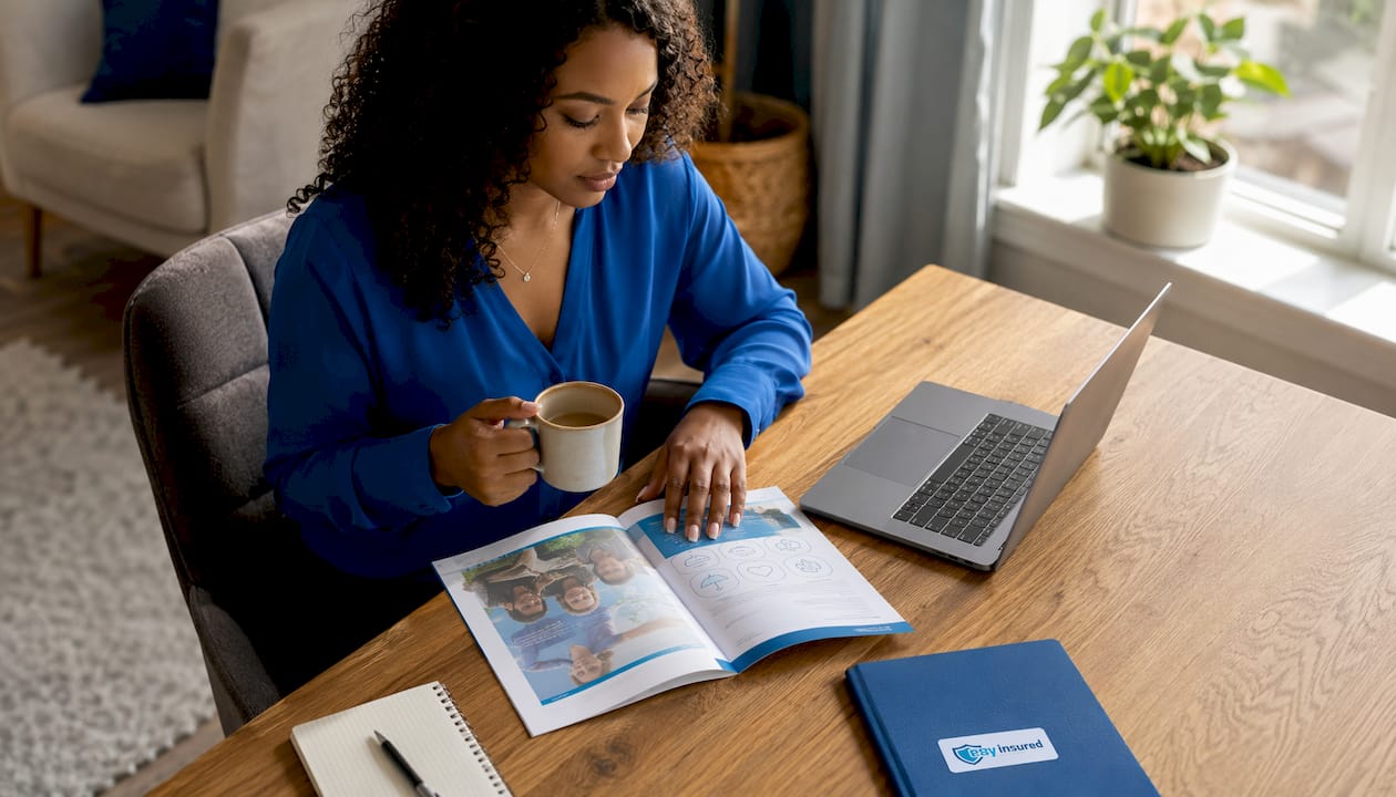 Woman reviewing whole life insurance brochure