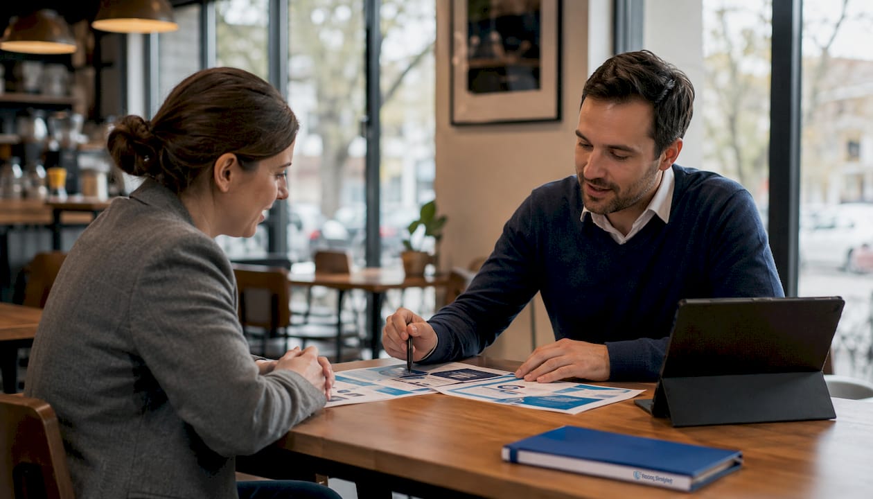 Two professionals discussing insurance options