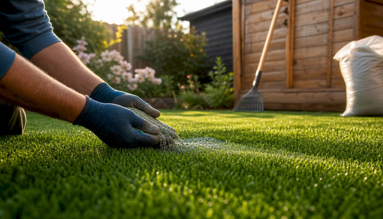 Hands applying antimicrobial turf infill