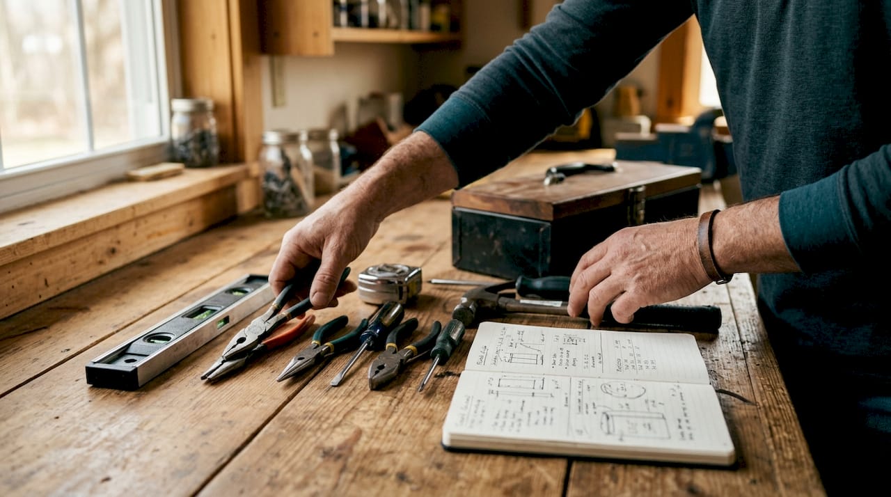 Hands organizing home maintenance tools inventory