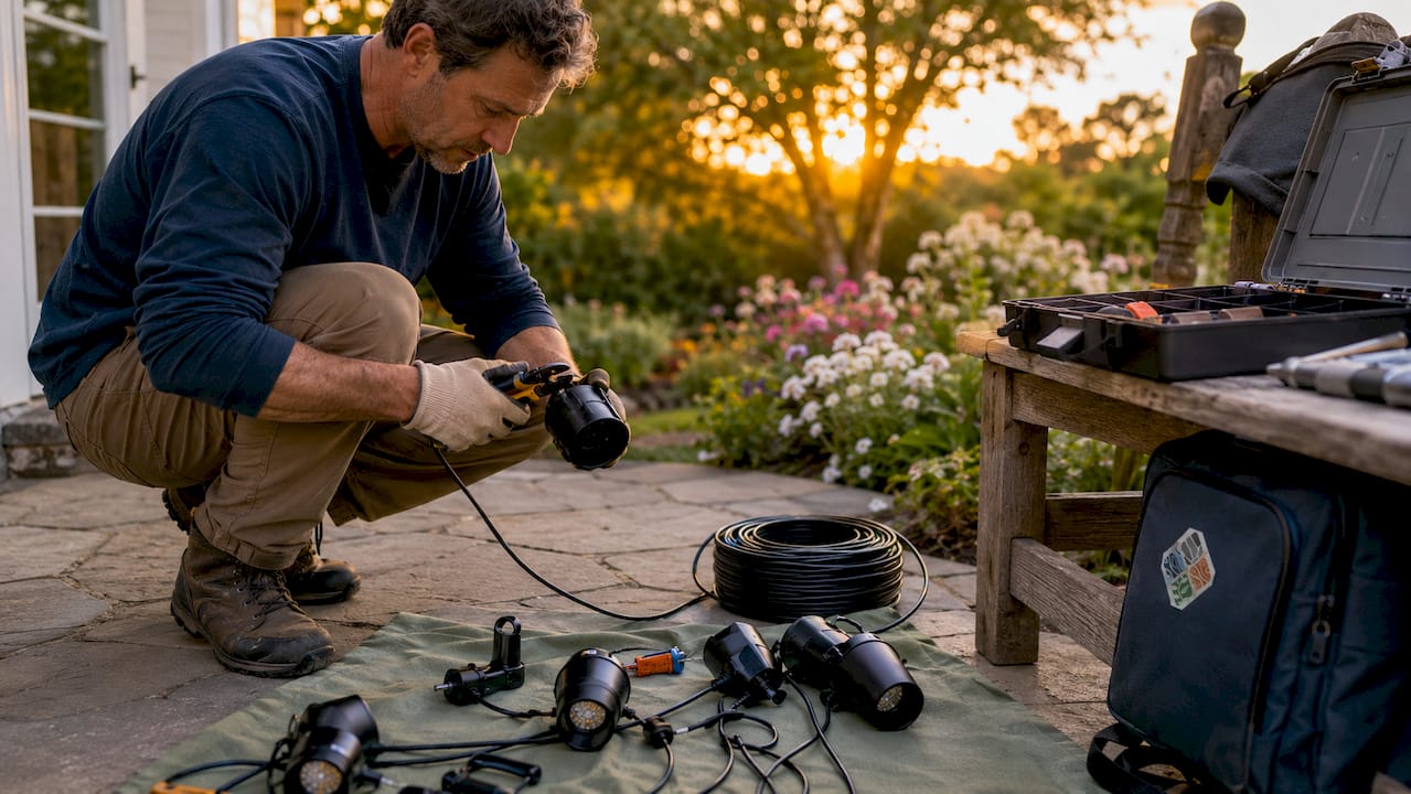 Homeowner preparing wires and light fixtures outdoors