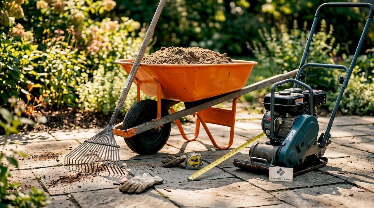 Yard leveling tools and materials on workbench