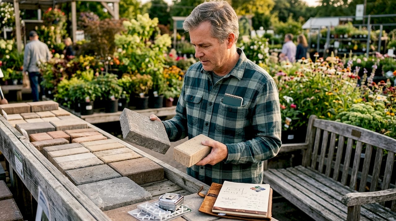 Man comparing concrete and brick pavers outdoors