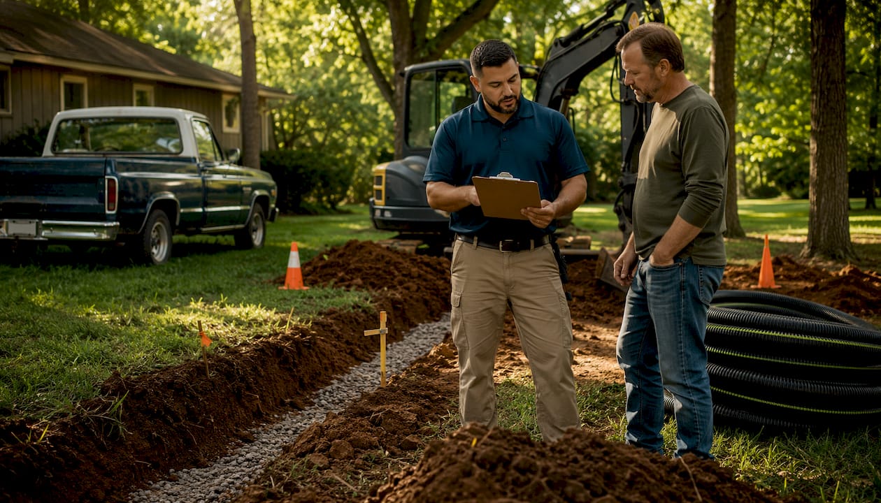 Contractor and client reviewing yard drainage plan outdoors