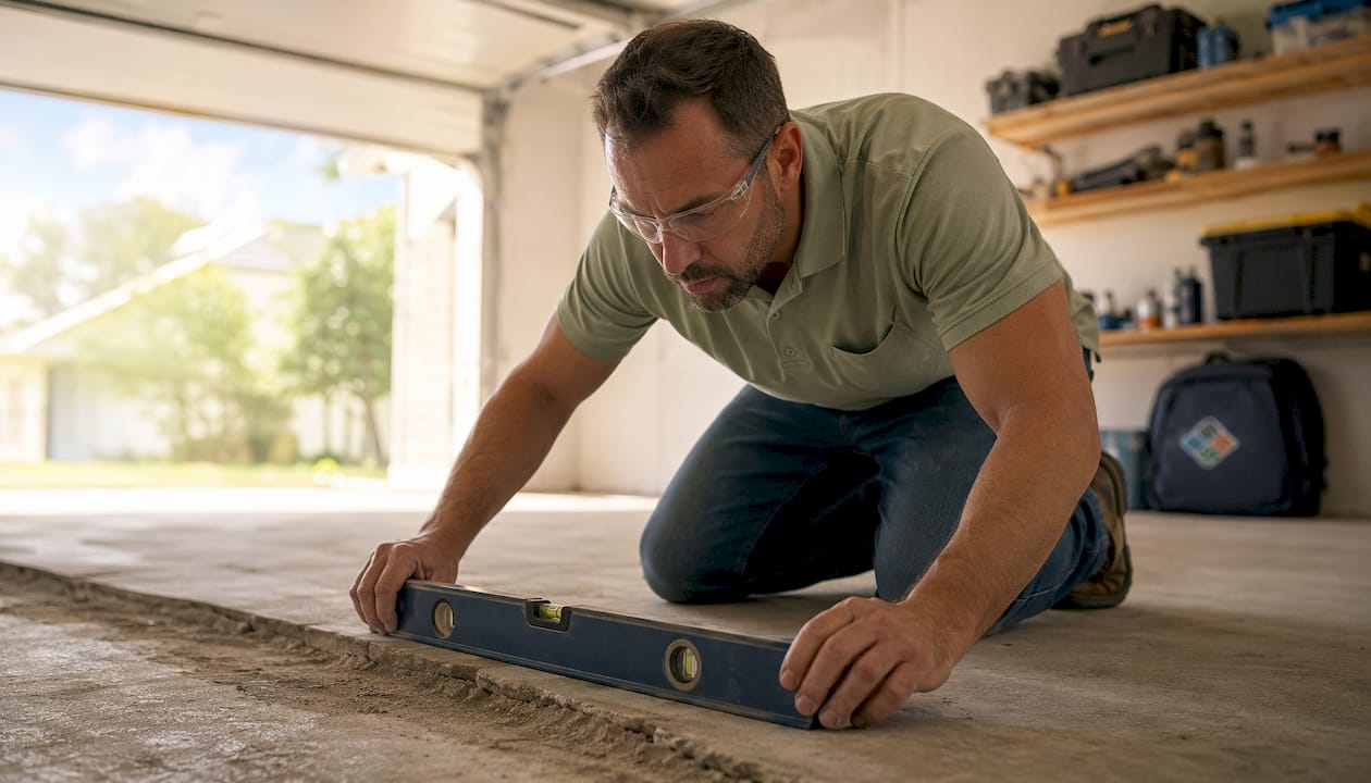 Technician inspecting uneven floor in basement