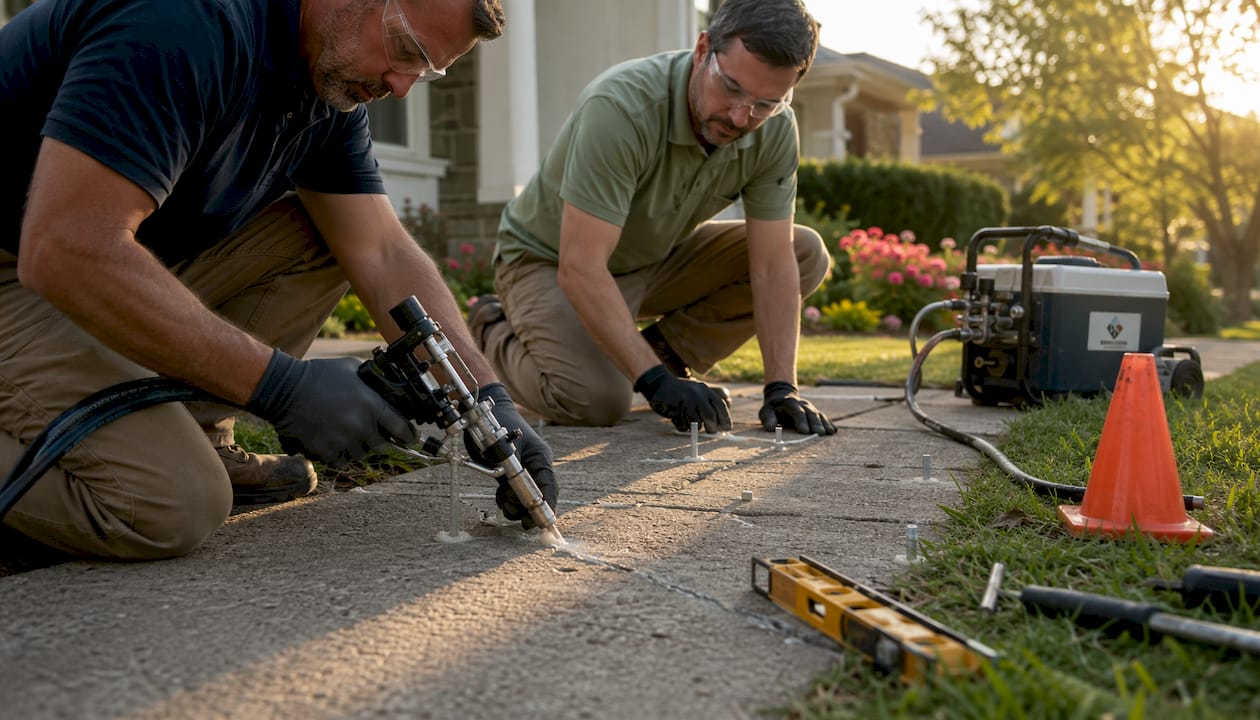 Technicians injecting foam to level concrete driveway