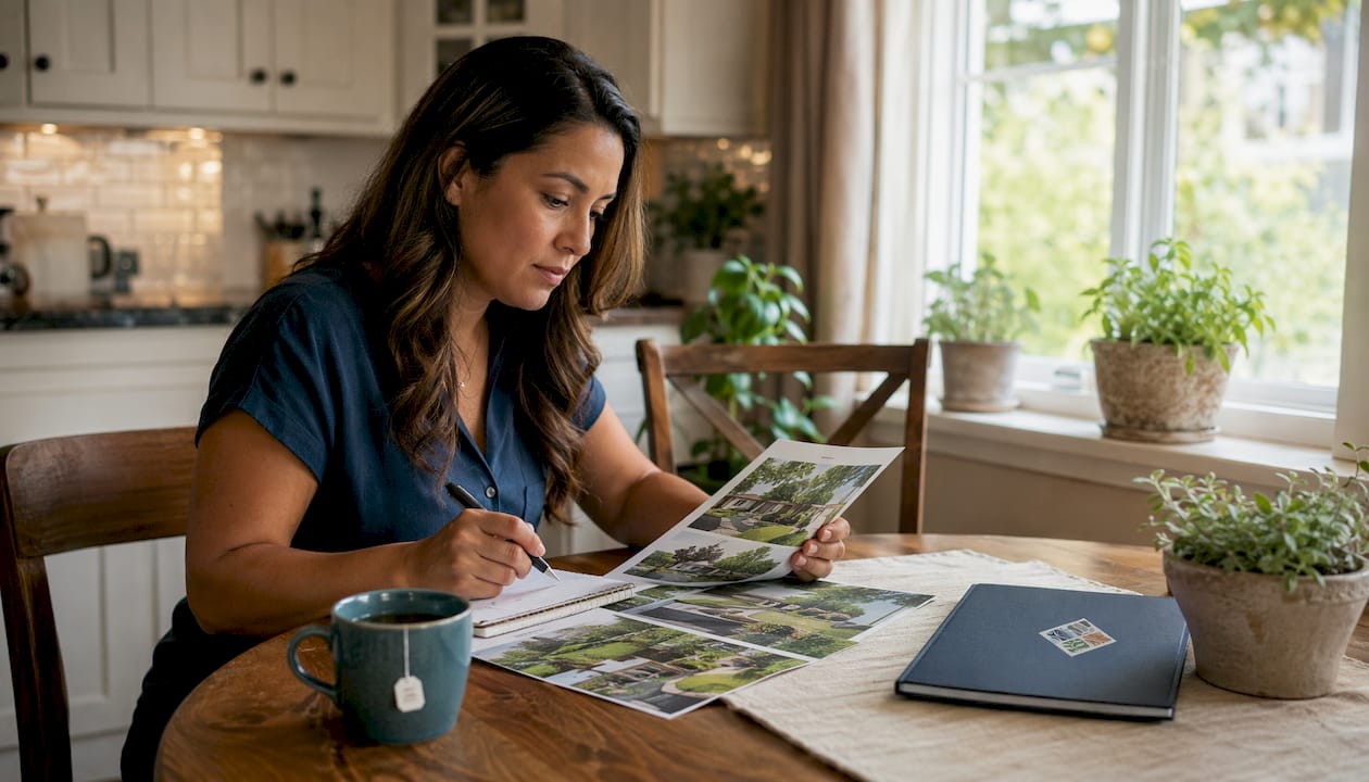 Woman reviewing landscaping service brochures at home desk