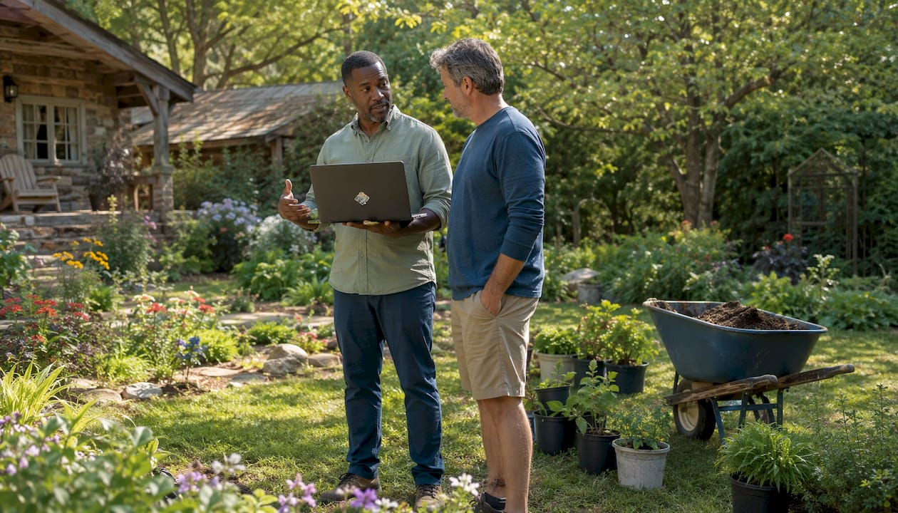Landscaping professional consulting homeowner outdoors