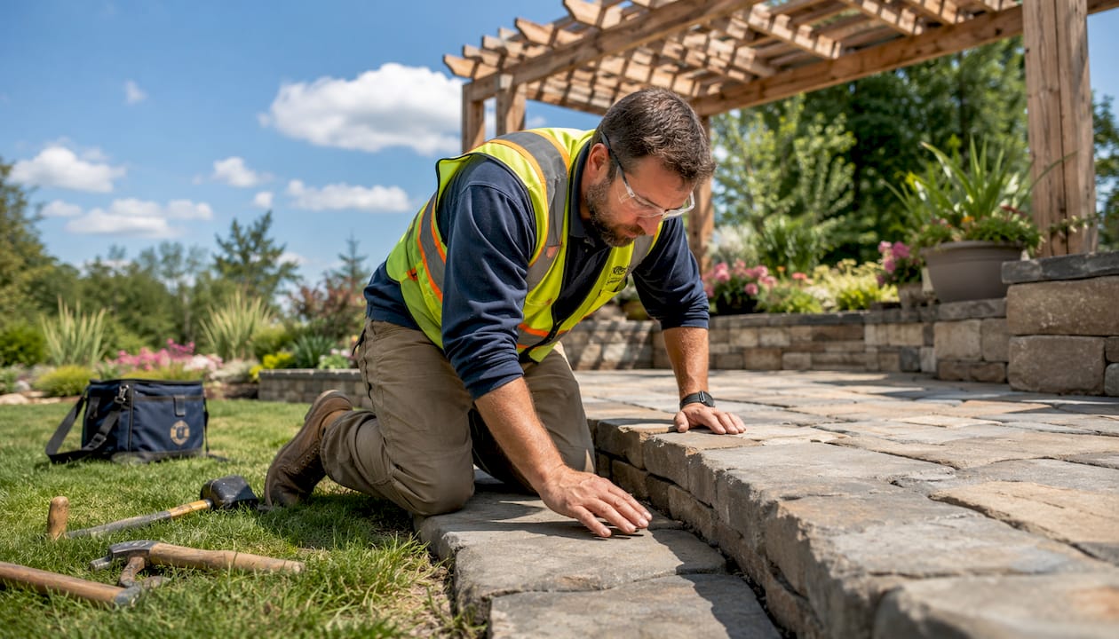 Contractor inspecting stone patio outdoors