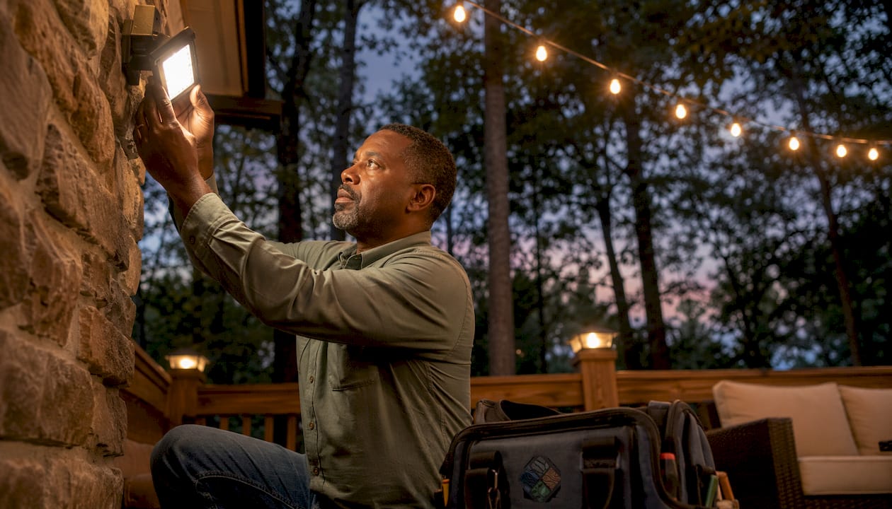 Electrician inspecting outdoor security light at dusk
