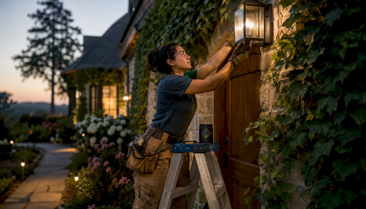 Technician installing security lights at luxury home