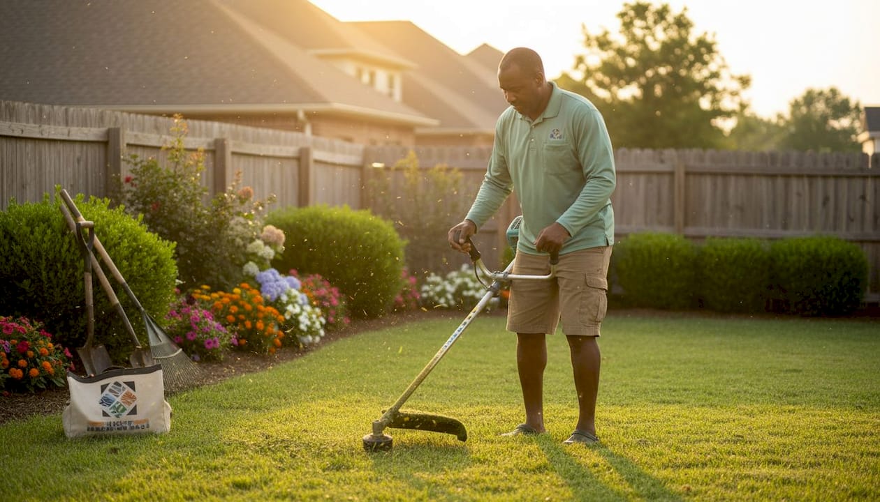 Landscaper mowing residential lawn outdoors