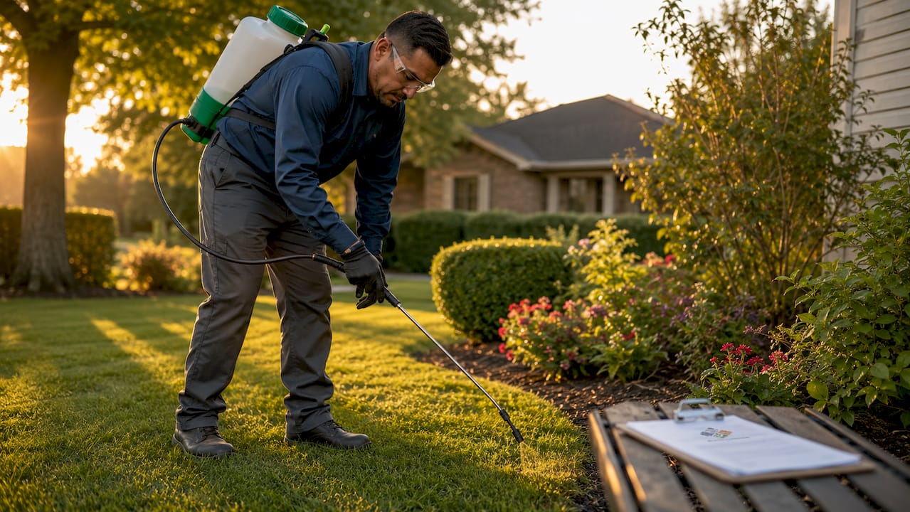 Technician applying pest control to lawn