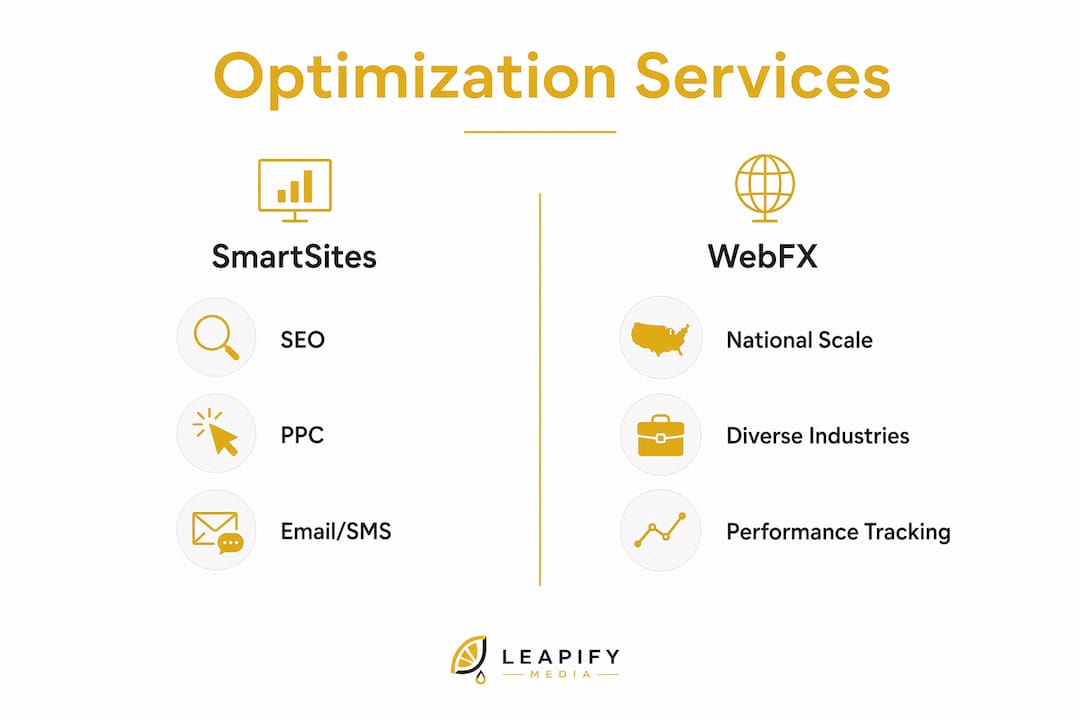 Infographic comparing website optimization services SmartSites and WebFX