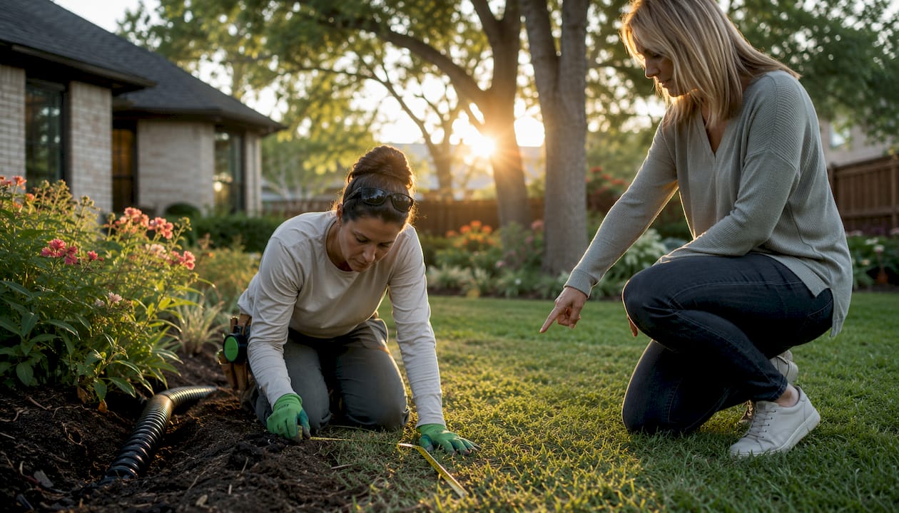 Landscape contractor consulting homeowner outdoors