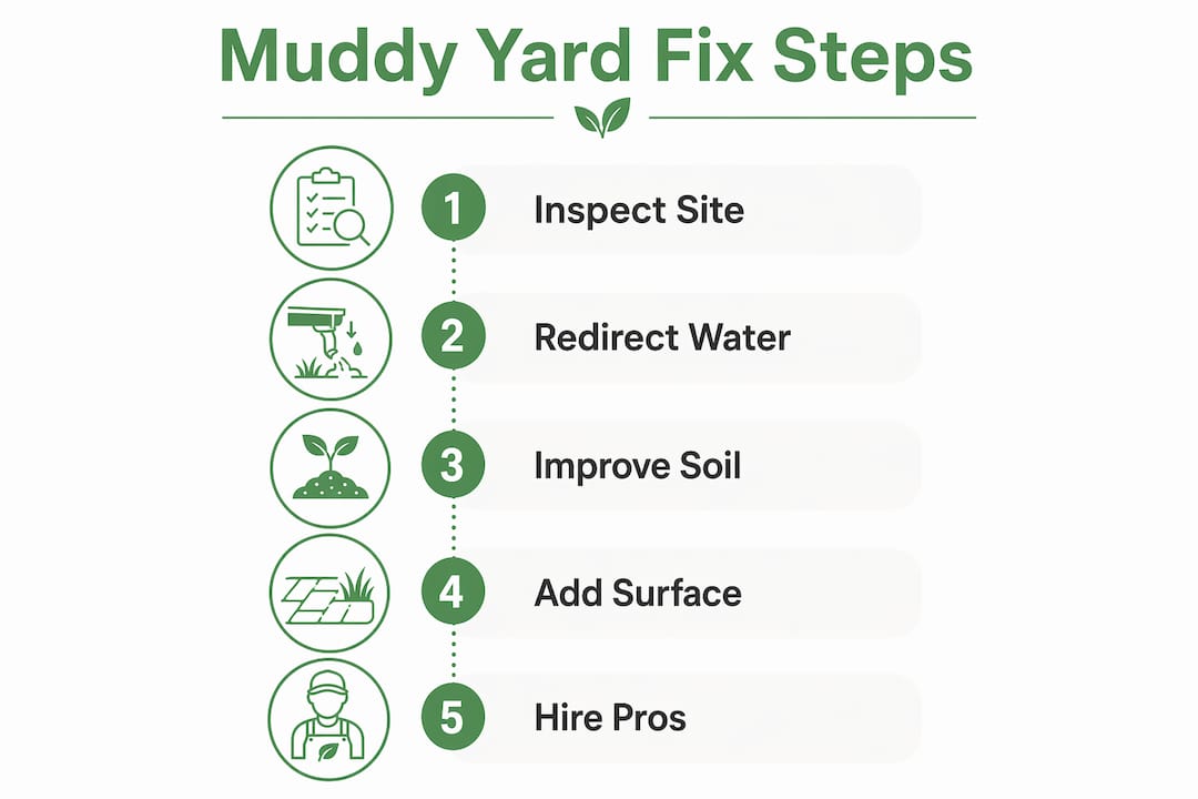 Infographic showing 5-step muddy yard fix process