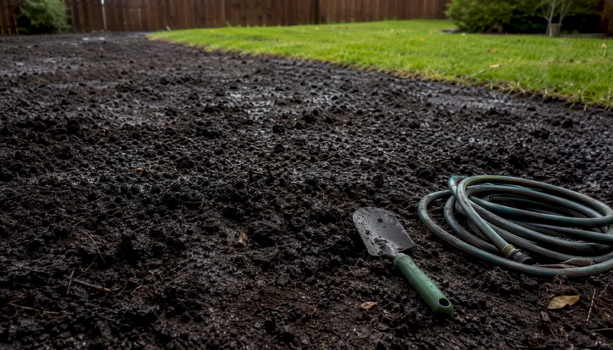 Close-up wet clay soil with garden tools