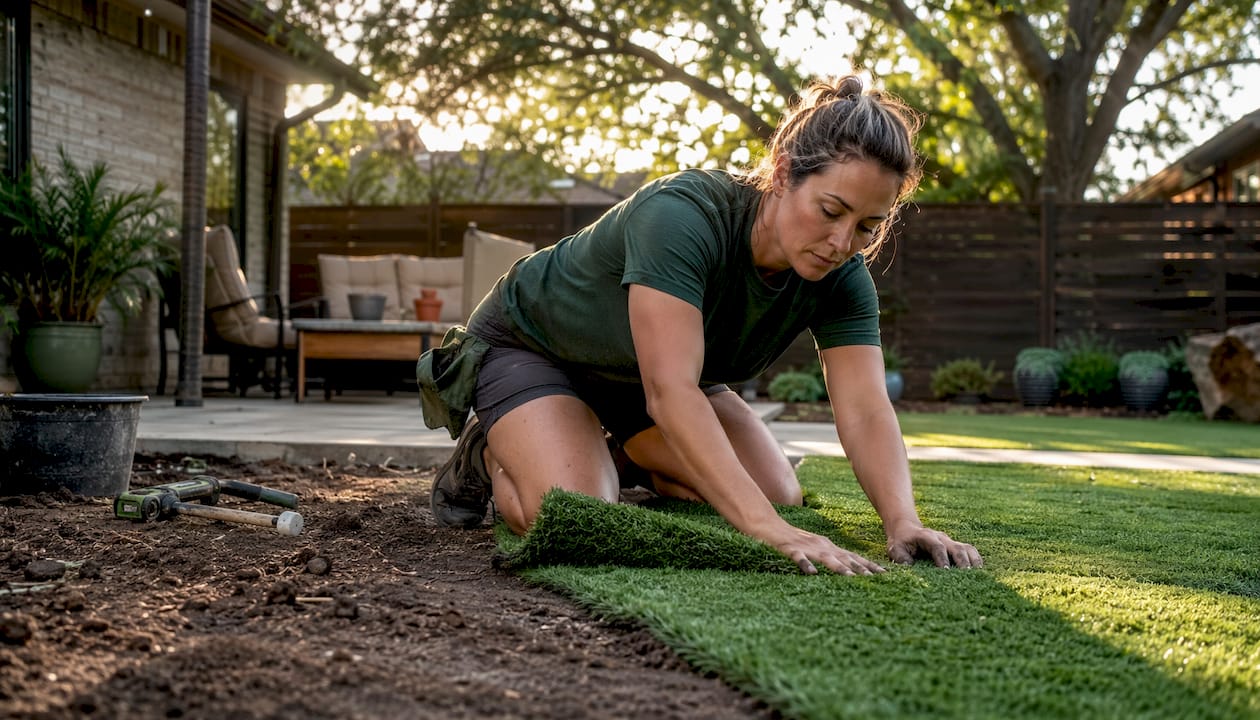 Landscaper installing artificial turf over muddy soil