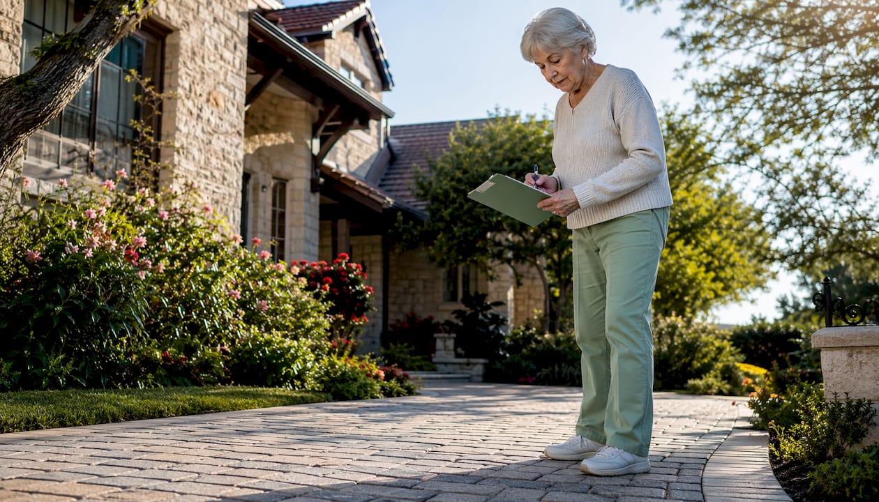 Homeowner inspecting permeable paver driveway