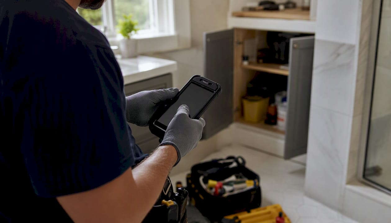 Technician entering job data on handheld device