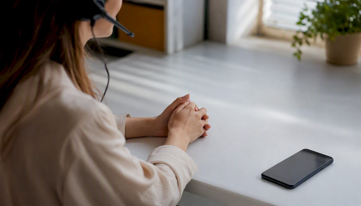 Hands pausing during call at empty desk