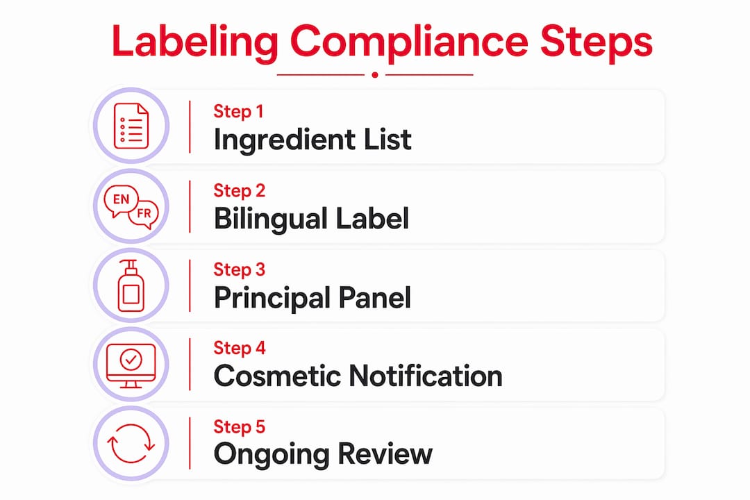 Infographic showing steps for Canadian cosmetic labeling compliance